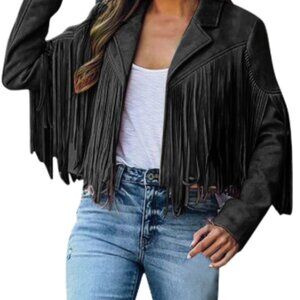 Boho Fringed Faux Suede Moto Jacket -Black